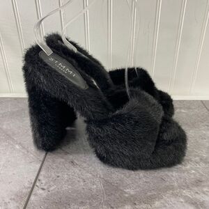 SIMMI Womens 7‎ London Black Faux Fur Platform Heeled Sandals Fuzzy Chunky Party